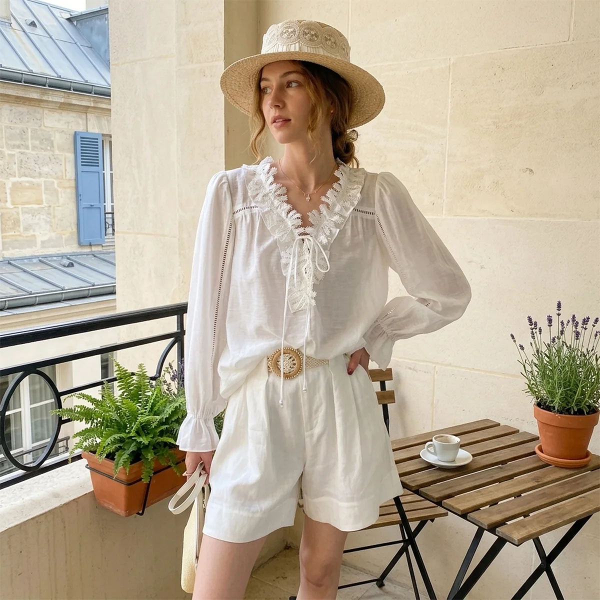 

Boho White Blouse Women Sexy V Neck Lace Patchwork Tie Front Shirts Elegant Lantern Sleeve Hollow Out Embroidery Tops 2026