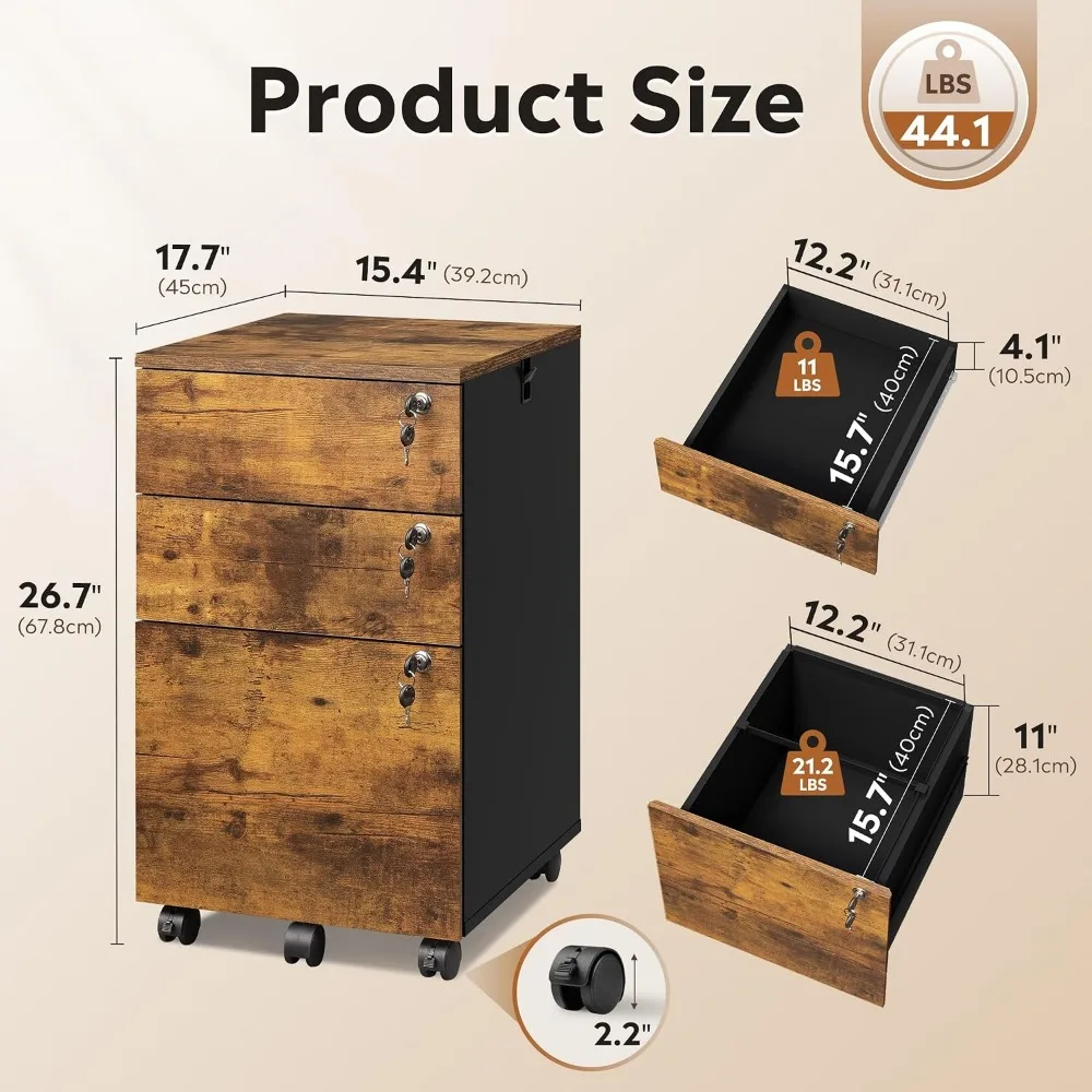 DEVAISE 3 Drawer File Cabinet with Individual Locks, Rustic Brown | Wood Filing Cabinet for Home Office, Mobile Printer Stand with Wheels, Under Desk Storage for Letter/A4/Legal Size