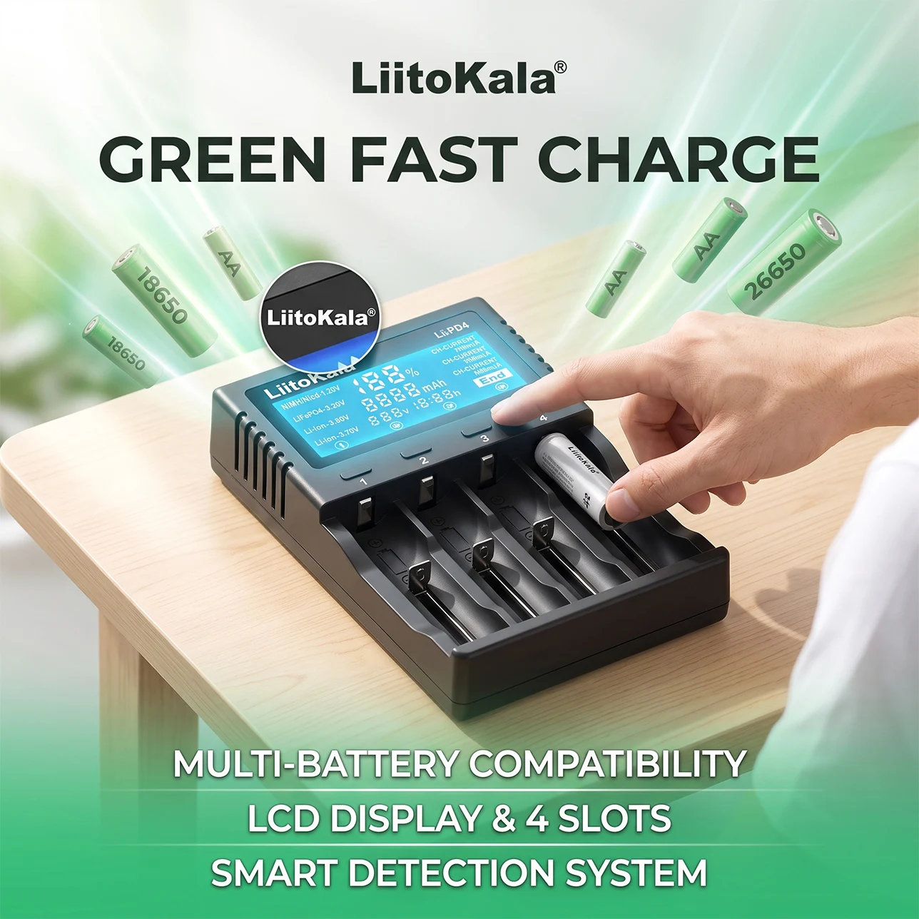 LiitoKala Lii-PD4 Smart 4 Bay Battery Charger LCD Display for 18650 21700 26650 AA AAA NiMH Li-ion LiFePO4 Fast Safe Universal view 6