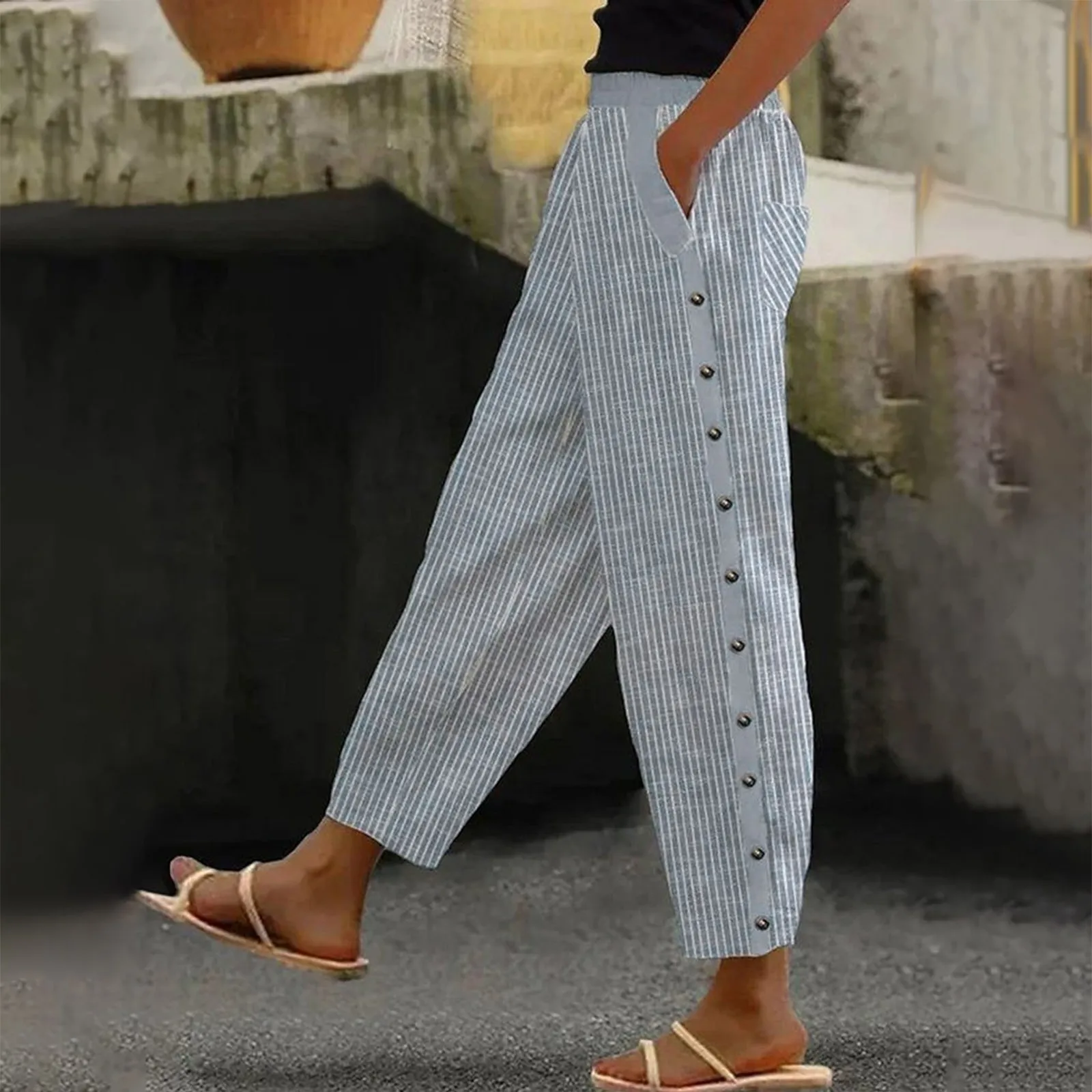 

2024 Casual Stripe Print Harem Pant Elastic Waist Pants Women Straight Trousers Baggy Pantalones Loose Wide Leg Sweatpant