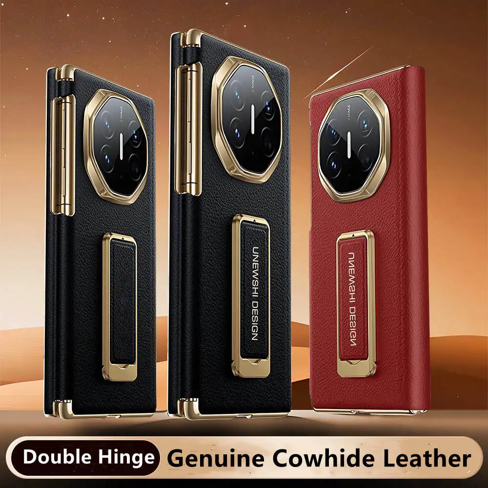 Premium Natural Cowhide Leather Double Hinge Flip Case For Huawei Mate XT XTs Window View Cover