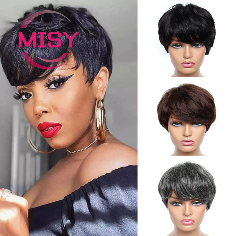 Short Bob Wigs Brazilian Hair Pixie Cut Wig For Women Ombre Human Hair Wigs With Bangs Full Manchine Made Cheap Glueless Wig