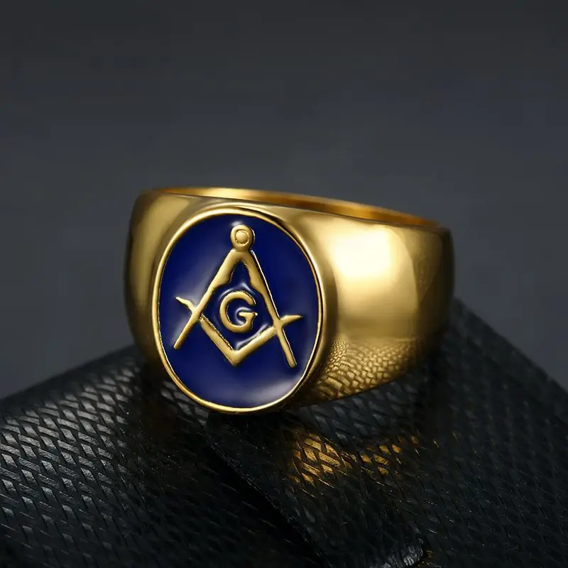 Gilded Blue Glue Freemason AG Rings Titanium Steel Men's Personalized Hip Hop Ring Fashion Jewelry
