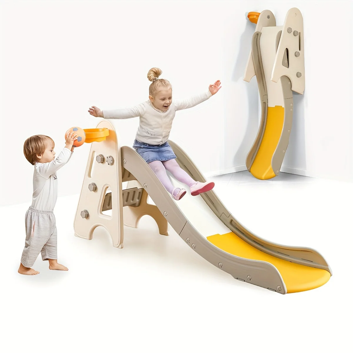 

Toddler Slide Indoor Outdoor for Kids, 3 in 1 Foldable Kids Slide Easy Set Up Playset with Basketball Hoop & Ball