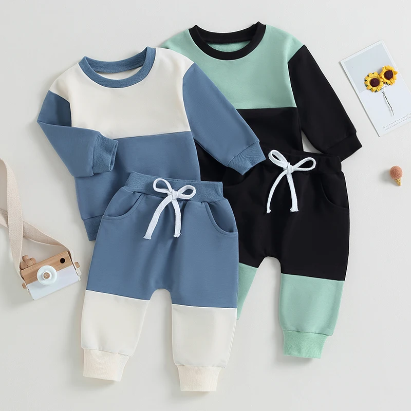 

Toddler Boys Fall Spring Outfits Set Contrast Color Crew Neck Long Sleeve Sweatshirts Elastic Waist Long Pants 2Pcs Clothes Set