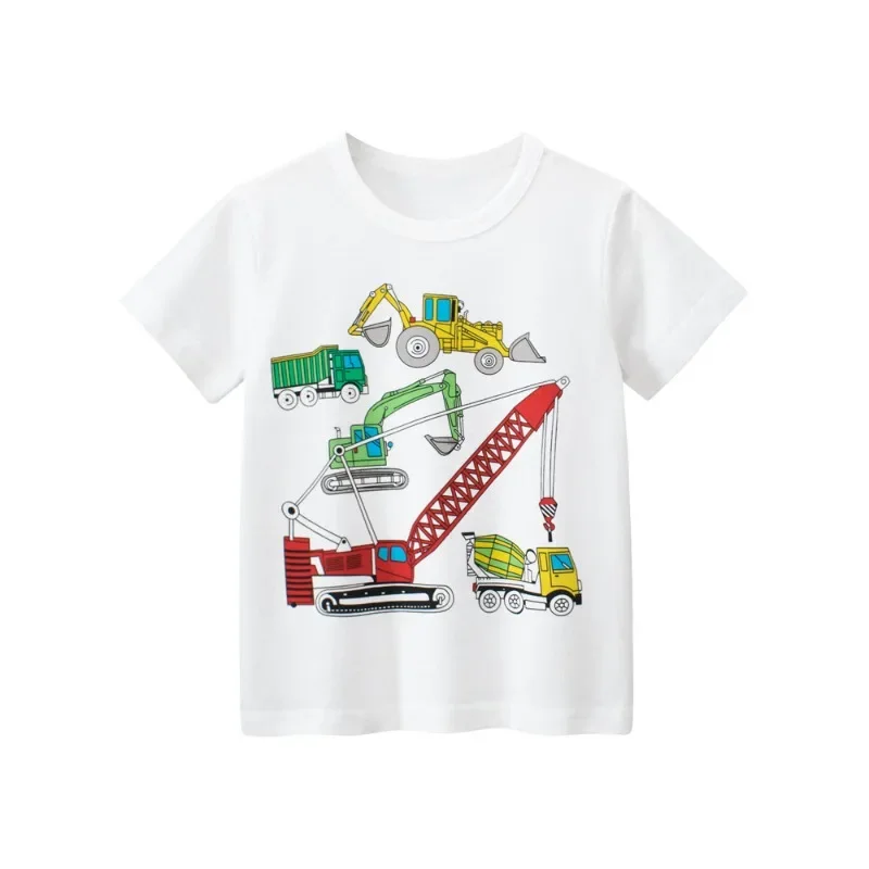 2024 Cartoon Excavator Print Boys T Shirt for Summer Children\'s T-Shirts Short Sleeves O-Neck Kids Clothes Toddler Cotton Tops