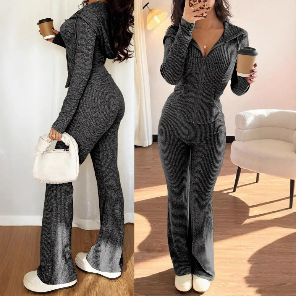 Women's 2 Piece Sweatsuits Zip Up Hoodies And Bell Bottom Pants Ribbed Knit Outfits Sexy Bodycon Workout Tracksuits  여성 트랙스루트 view 2