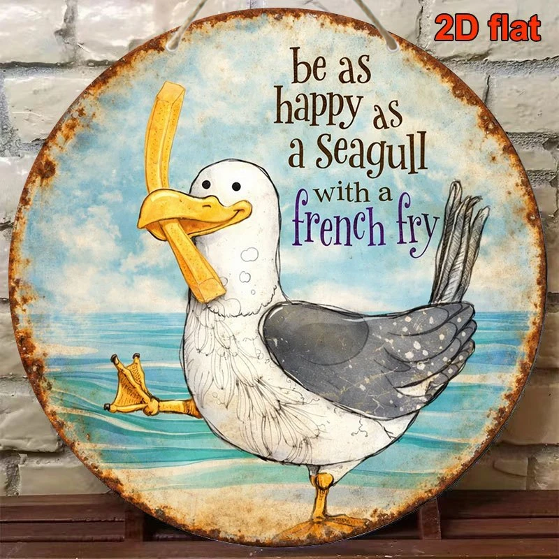 2D Flat, 2D Flat Circular Wooden Sign, Vintage Decorative Plaque Featuring a Seagull and Fries, 
