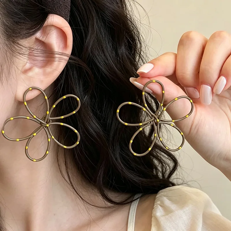 Earrings French Hollow Floral Colorblock Polka Dot Metal Alloy Multicolor Women Minimalist Chic Small Lightweight Party Gift