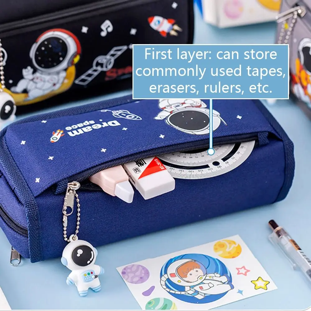 Four/Double layers Pen Bag Astronaut Pattern Large Capacity Pen Box Dirt Resistant Stationery Organizer Students