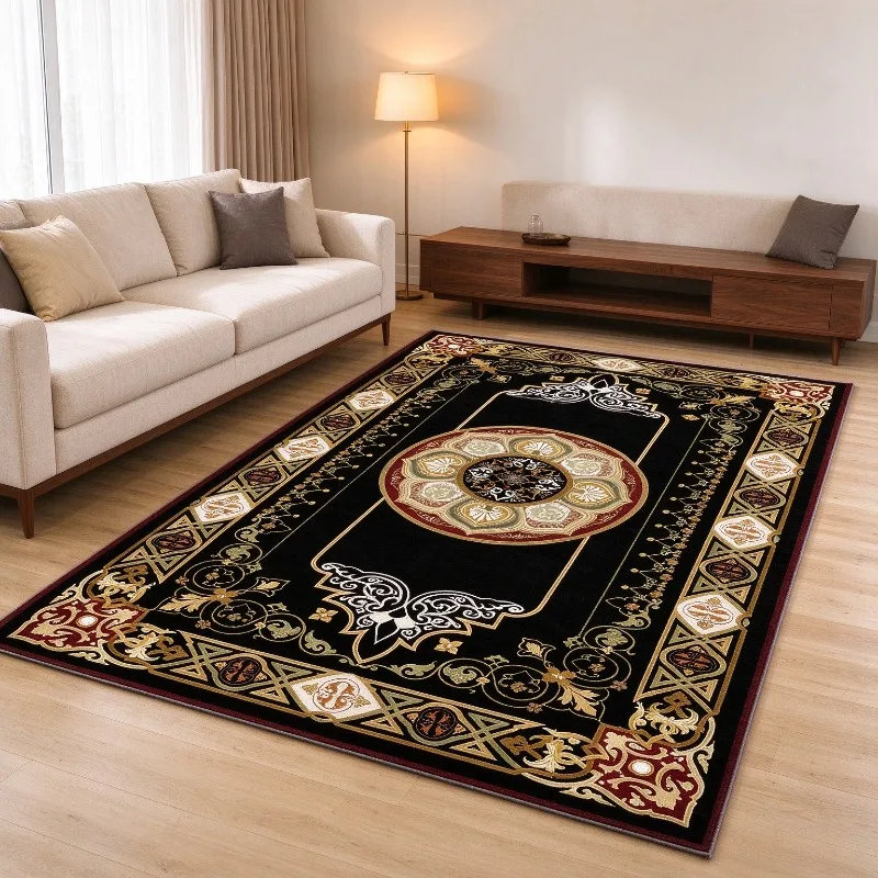 Black Base Vintage Persian Oriental Area Rug, Gold Red Medallion Traditional Printed Carpet, for Living Room Bedroom Home Decor