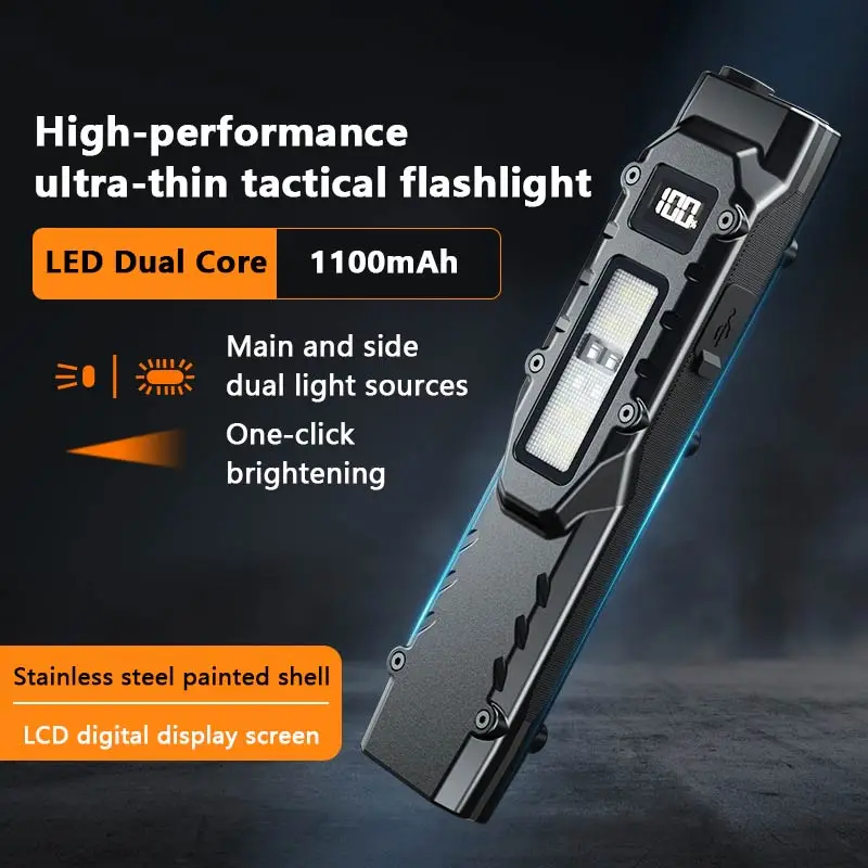 

Rechargeable 1500 Lumen Flat Flashlights EDC Tactical Flashlight Dual-Switches LED Small Flashlight with Digital Display Stainle