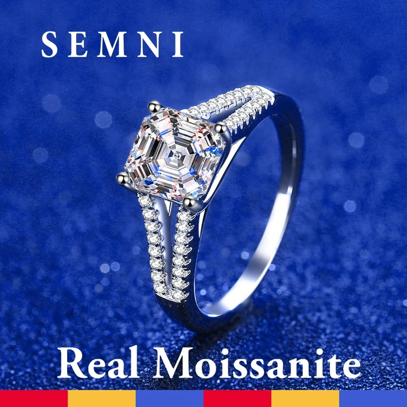 SEMNI Asscher Cut 2.0ct Moissanite Diamond Ring For Women Grils Sparkling Lab Diamond 925 Sterling Silver Fine Jewelry Anillos