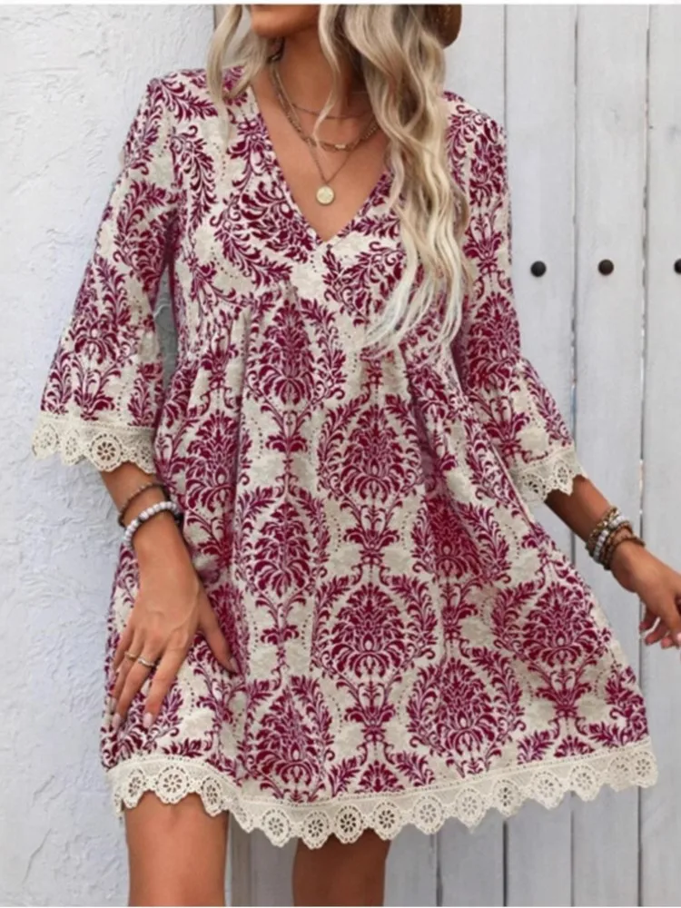 Summer Boho Print Dress Women Fashion Three Quarter V Neck Loose Mini Dresses Female Casual Holiday Beach Skirts Womens Clothing