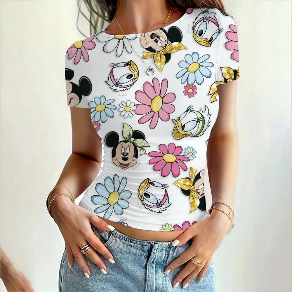 ديزني ميكي ماوس طباعة 2025 الصيف مثير المرأة الأساسية س الرقبة قصيرة الأكمام تي شيرت المرأة سليم صالح مطاطا تي شيرت أعلى 20 co