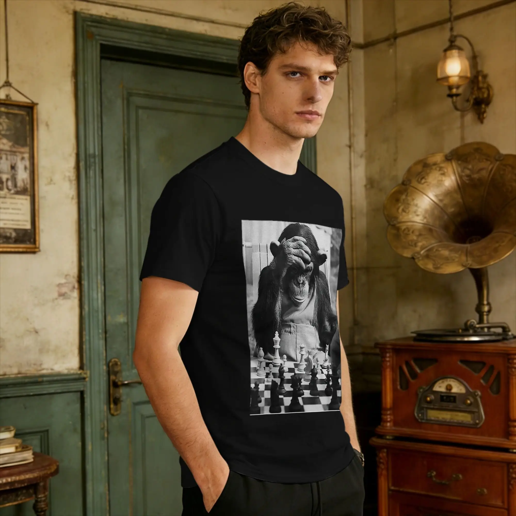 Funny Chimp Playing Chess Photo Booth Monkey Chess Lover Cotton T Shirt For Men Summer  Basic T Shirts Novelty Tee Shirt Clothes