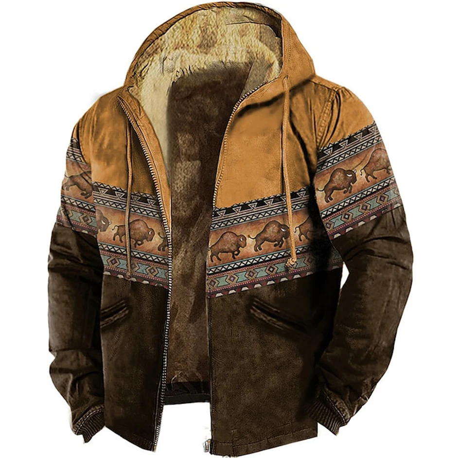 Men's Winter Fleeced Zip Up Jacket Tribal Graphic Bullfight Pattern Vintage Hoodies Coat Casual Hooded Parkas Outerwear 2024