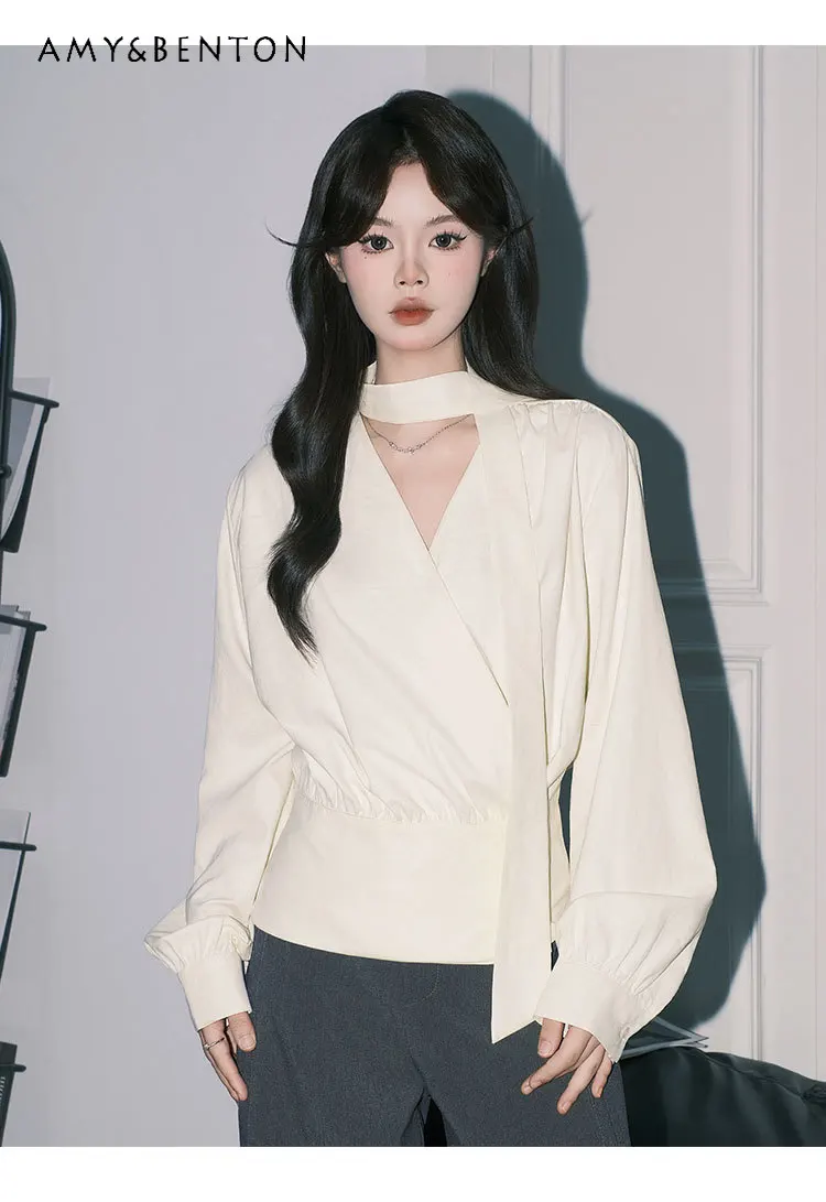 Outono novo estilo francês damasco cintura-concha com decote em v elegante fita manga longa topo cor café fino ajuste pulôver camisa