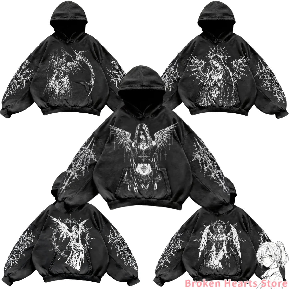 Gothic punk demon girl print hoodies women harajuku y2k tops oversized new goth streetwear sweatshirt hoodie couples clothes