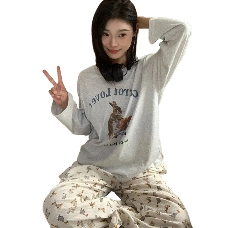 الربيع والخريف جديد السيدات نمط منامة Homewear مجموعة الفتيات الطلاب الكورية الحلو منامة فضفاضة منامة Homewear مجموعة