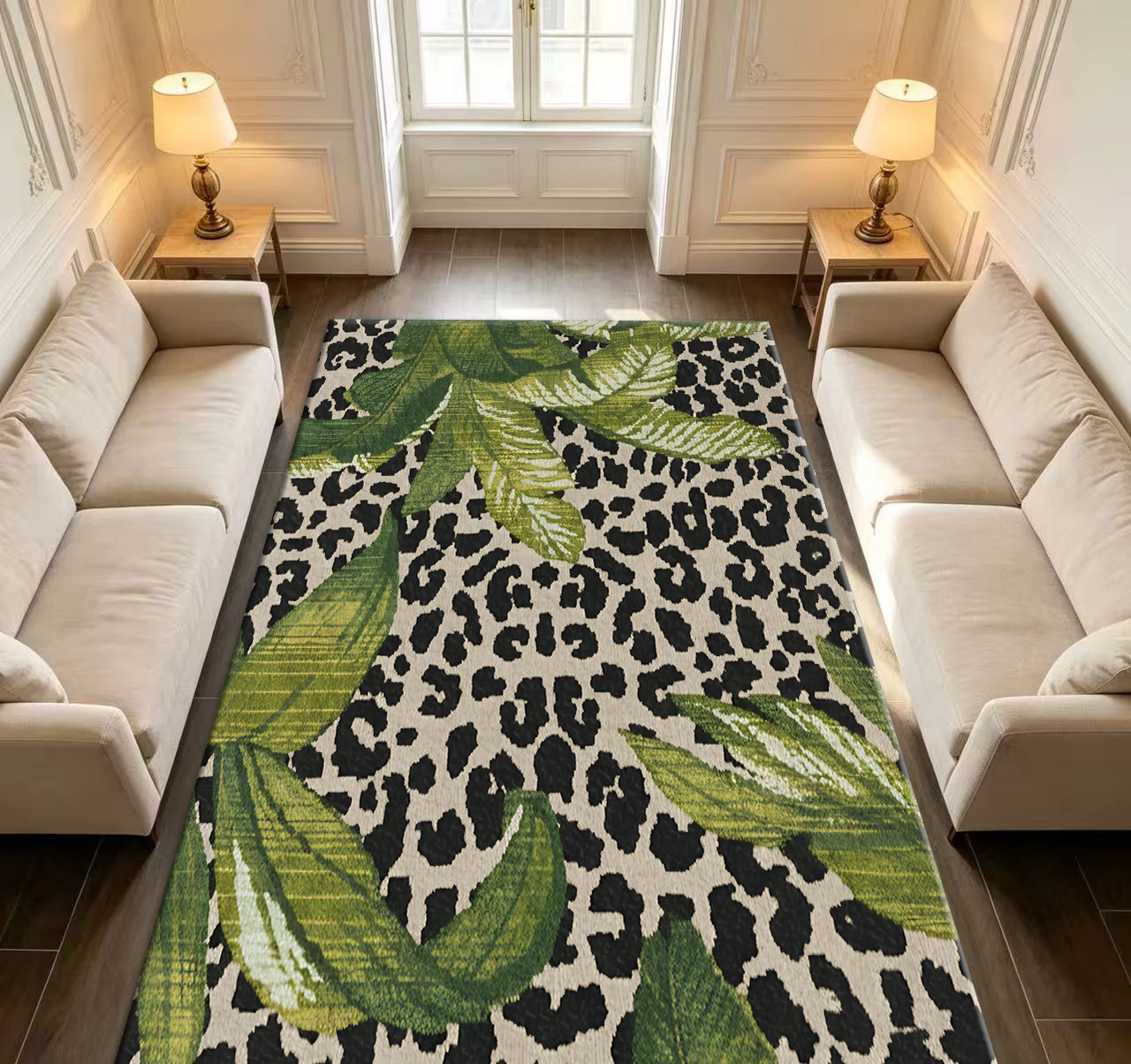 Tropical Green Leaf Leopard Print Area Rug Fashion Artistic Floor Carpet for Living Room Bedroom Home Interior Decoration