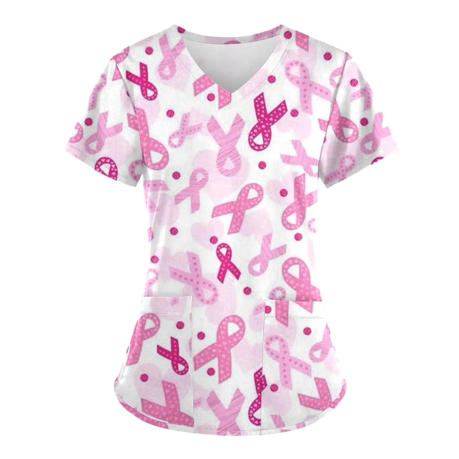 Scrubs Medical Uniform Pink Ribbon Cancer Fighter Graphic Women's Uniforms V Neck Short Sleeve Tops with Pockets Scrubs for Wome