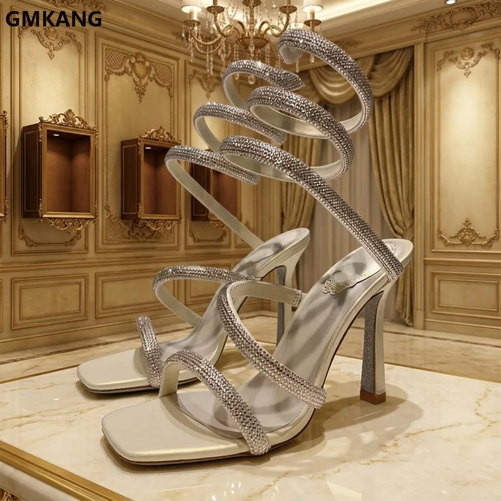 GMKANG Women Square Toe High Heel Sandals, Bling Crystal Ankle Wrap Stiletto Heels, Summer Sexy Gladiator Sandals for Party