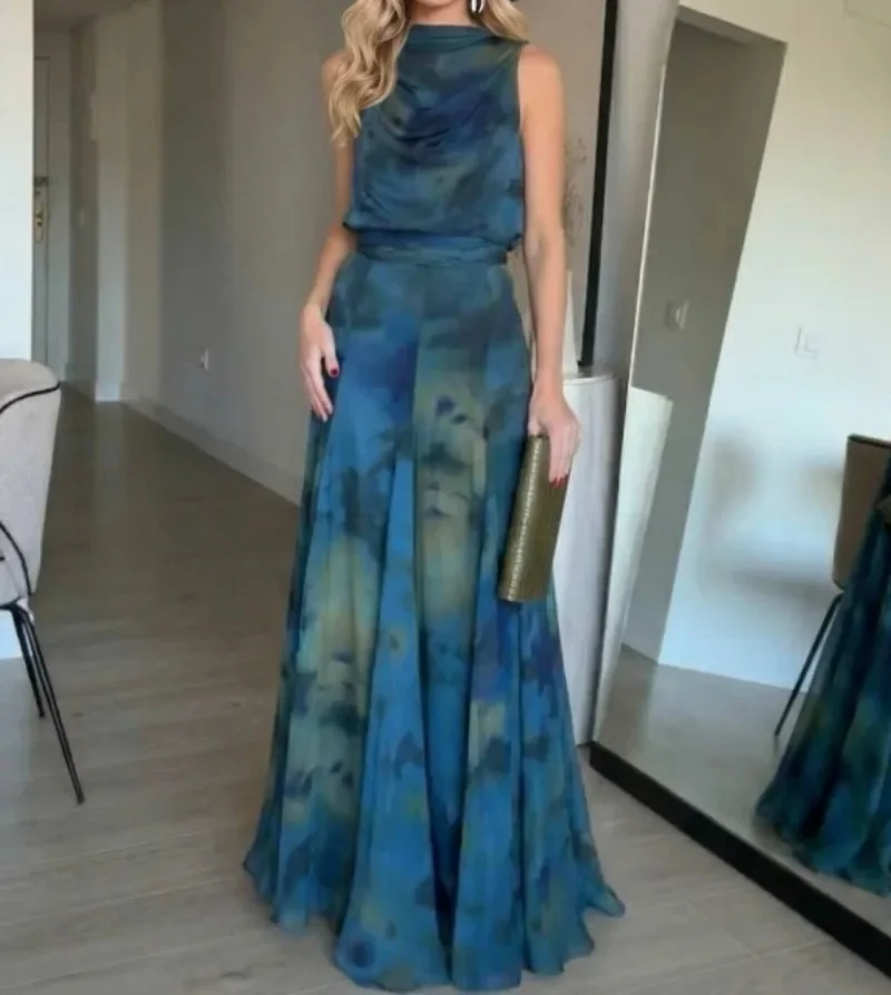 Elegant Blue Ombre Tie-dye Printed Off Shoulder Maxi Dress Satin Cowl Neck Tie Draped Dresses Party Wedding Luxury Evening Gowns