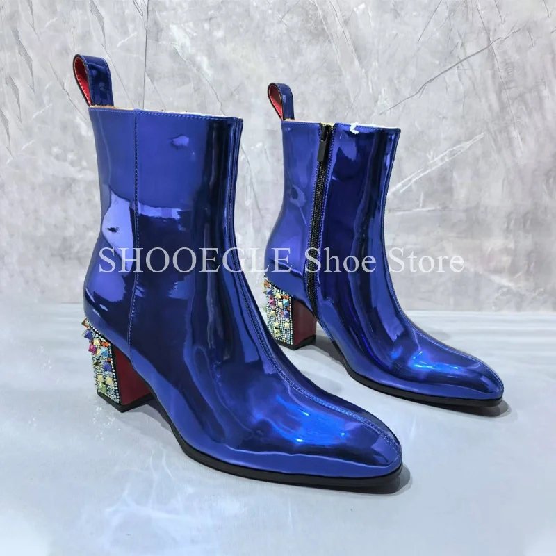 Fashion Blue Patent Leather Rhinestone Heel Men's Boots Modern Stylish Small Square Ankle Boots Autumn Winter 2024 Men's Shoes