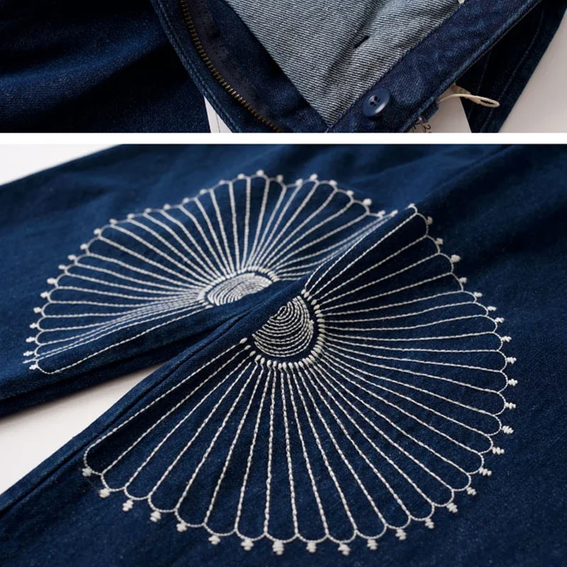 Japanese Retro Ethnic Style Craftsmanship Embroidery Pattern Washed Thick Denim Jeans Men's Loose Wide Leg Chrysanthemum Pants