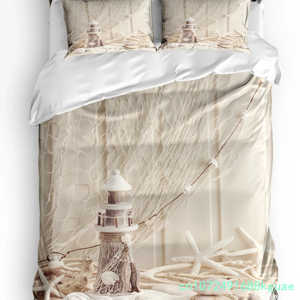 Fishing Net Starfish Lighthouse Beach Wooden Duvet Cover Bed Bedding Set Home Quilt Cover Pillowcases Bedding Set No Sheet