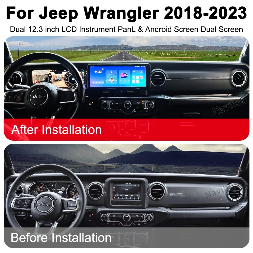 Multimedia Android Car Radio Carplay For Jeep Wrangler JL 2019 2023 Auto Digital Cluster Dashboard Panel Dual Screen New Design