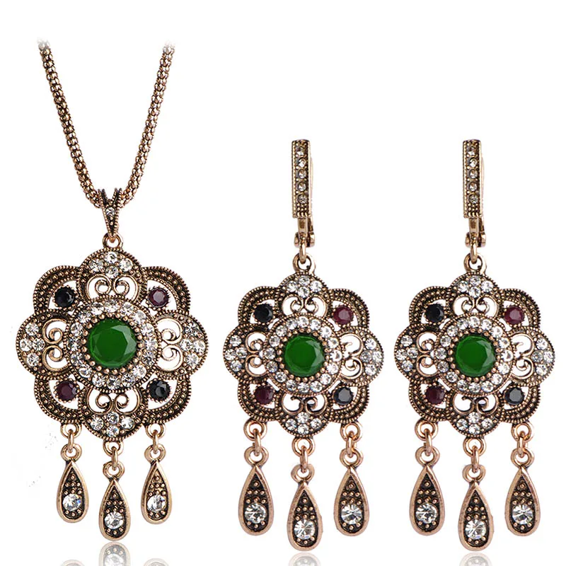 Madrry Alloy Metal Turkish Vintage Jewelry Sets Necklace & Earrings Resin Crystal Sculpture Flowers Antique Silver Color Bijoux