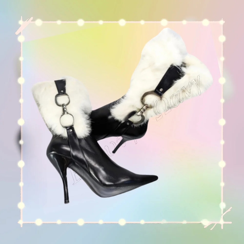 

Black White Fur Decor Boots Metal Decor 12 cm Mid Calf Short Women Cover Heels Shoes for Women Shoes 2025 Zapatos Para Mujere