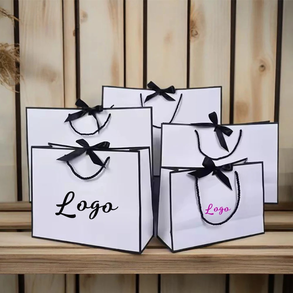 Bolsas de regalo de agradecimiento con logotipo personalizado, a granel para boda, Día de la madre, lazo, mango de cinta, bolsa de papel de lujo para ropa, zapatos, compras