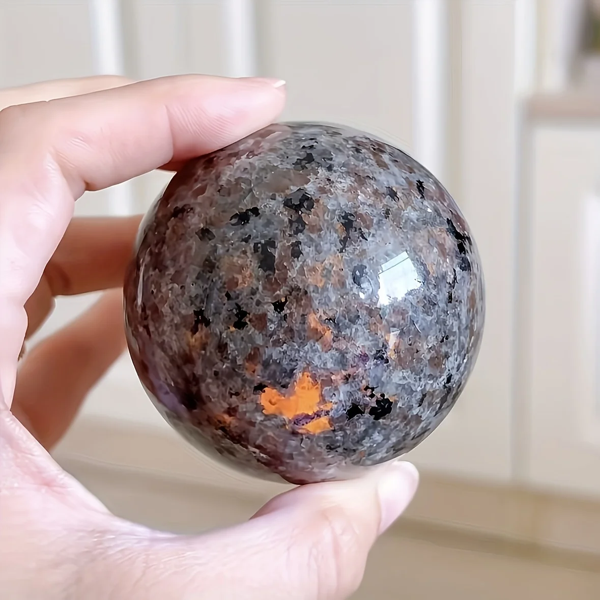 Natural Flamestone Crystal Ball Ornament - UV Reactive Yooperlite Sodalite Sphere - Handcrafted Polished for Home DecoMeditation