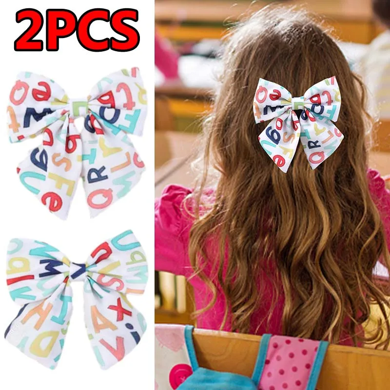 

ncmama 2Pcs English Letter Print Hair Bows Clips Back To School Bow Hairpin Girls Hair Accessories Exquisite Handmade Barrettes