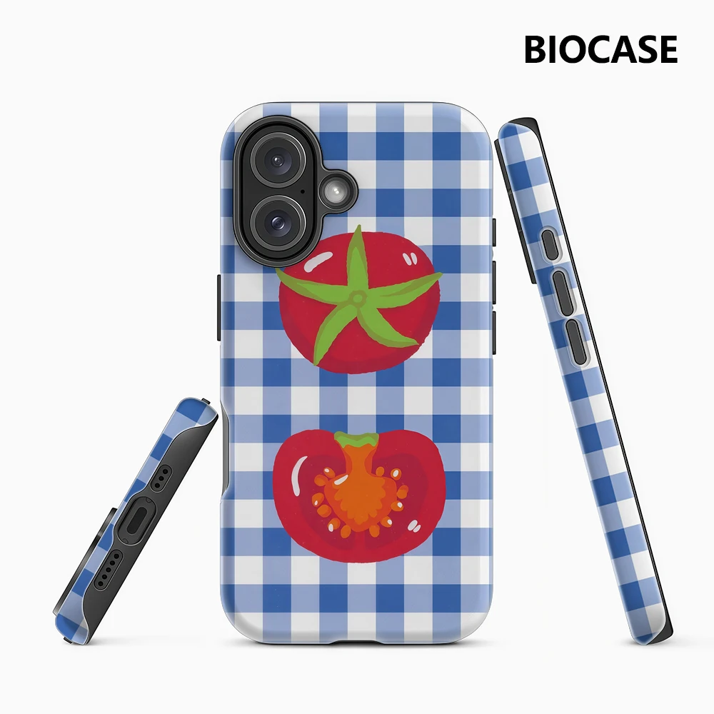 Blau karierte Tomaten IPhone 17 Must-Haves Handyhülle für IPhone 17 16 15 14 13 12 Pro Max Plus Doppelschichtige Rückseite