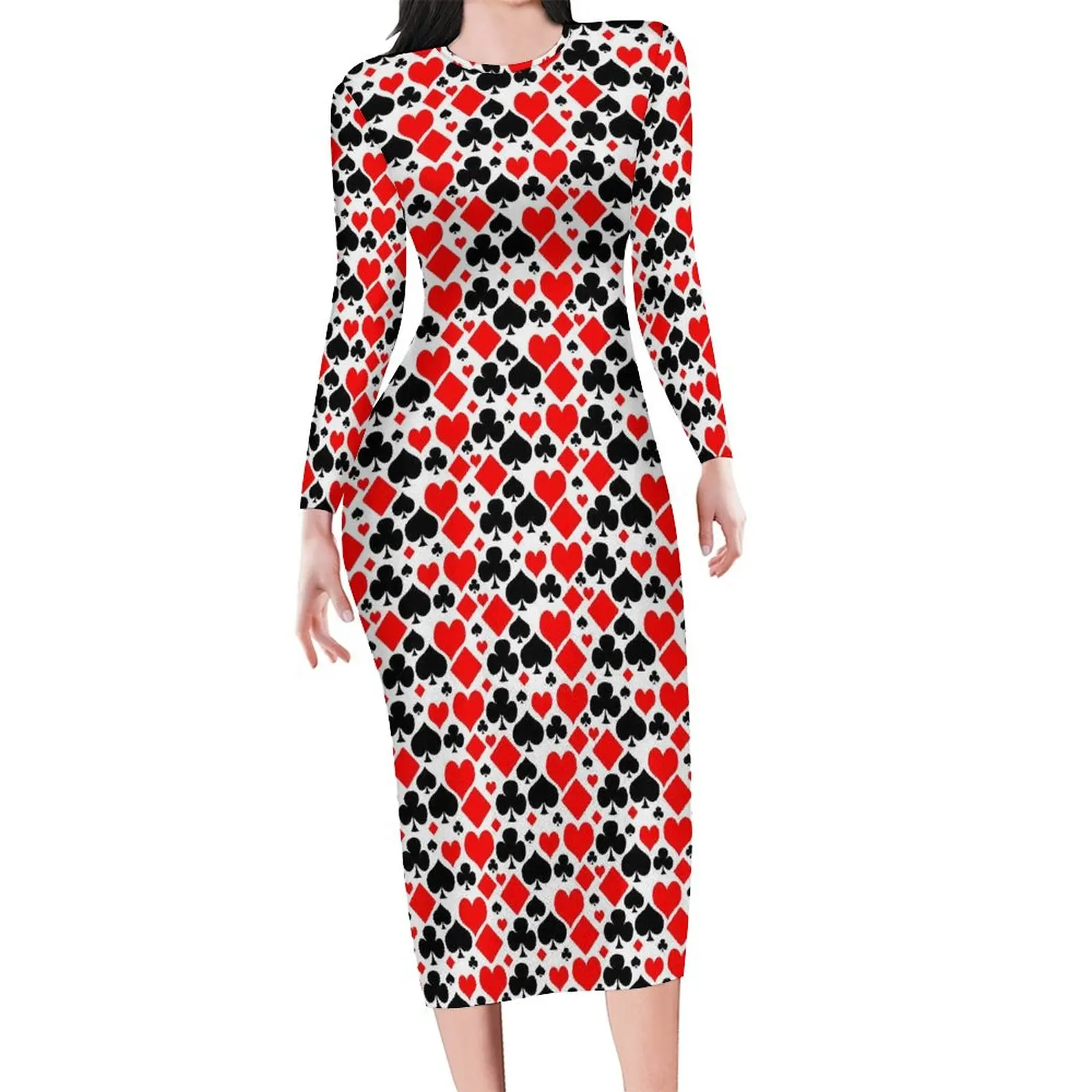 Poker Cards Bodycon Dress Holiday Hearts and Spades Kawaii Dresses Female Long Sleeve Design Fashion Dress Big Size 4XL 5XL