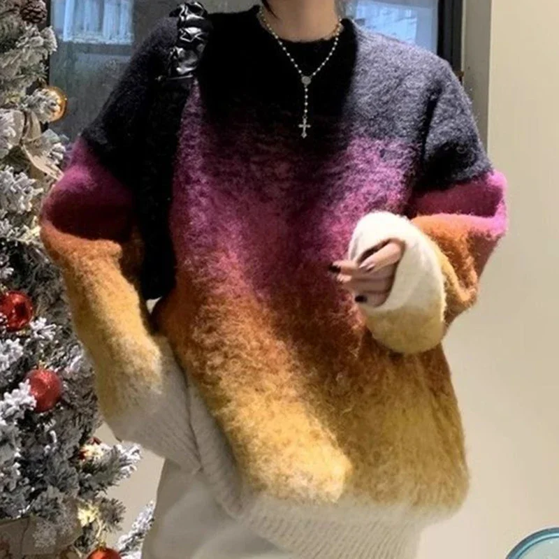 

Women's autumn and winter new thick long fashion pullover sweater top Japanese lazy wind design color gradient sweater