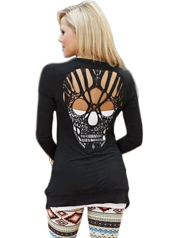 Womens Long Sleeve, Gothic Open Front Back Cut Out Skull Cardigan Tops, Steampunk Hollow Cardigan for Halloween