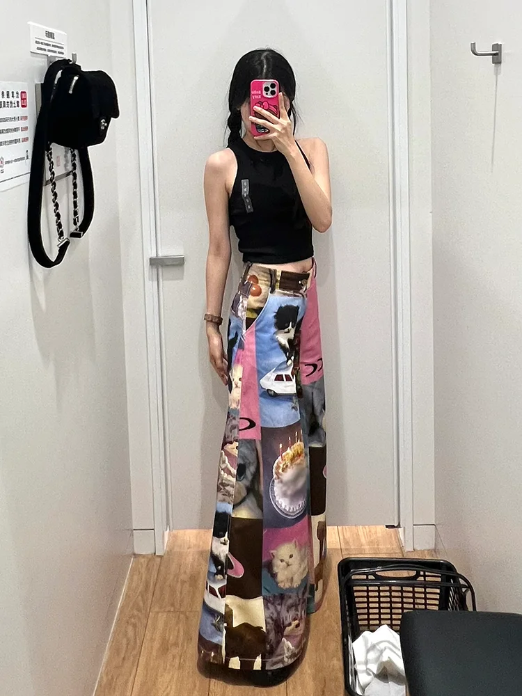 Women Floor Long Full Pants Cartoon Cat Cake Baggy Loose Wide Straight Leg #punk harajuku goth grunge y2k e-girl fairycore 2000s