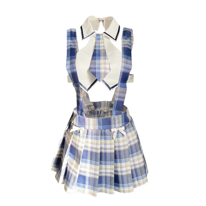 Sexy Lingerie JK School Girls Student Suit Short Plaid Suspender Skirt Exotic Costumes Night Club  Pool Dance Wear Pajama Women