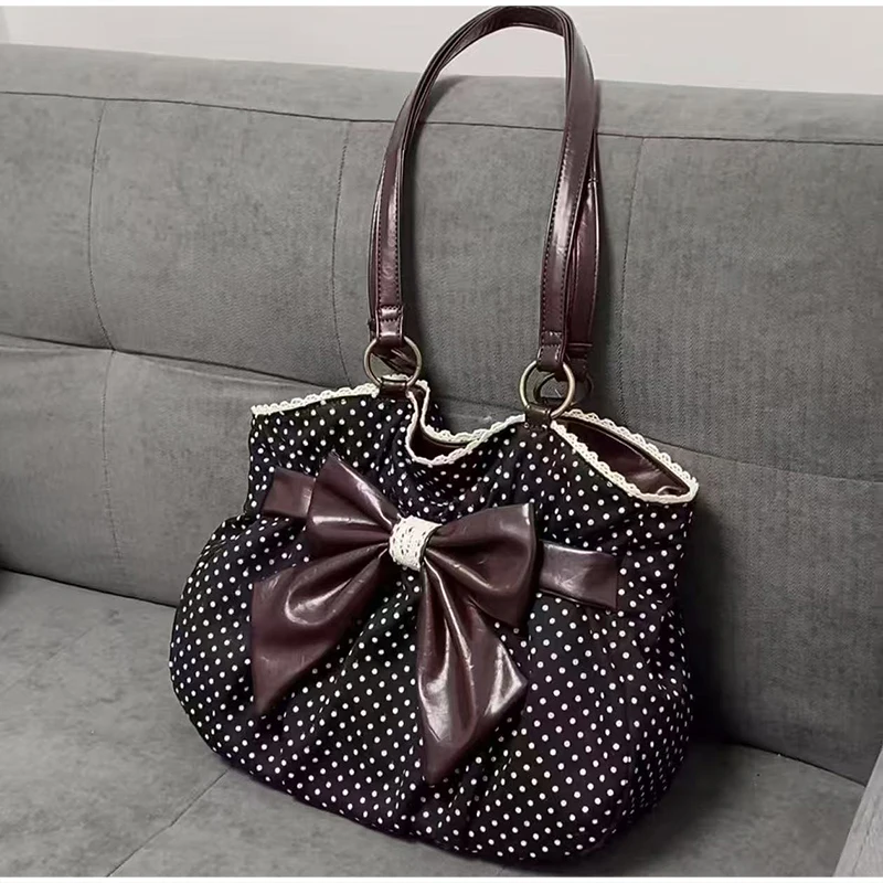 

Polka Dot Pattern Tote Bag Women's Large Bowknot Design Handheld Shoulder Bag Ruffled Trim Magnetic Buckle Commute Underarm Bag