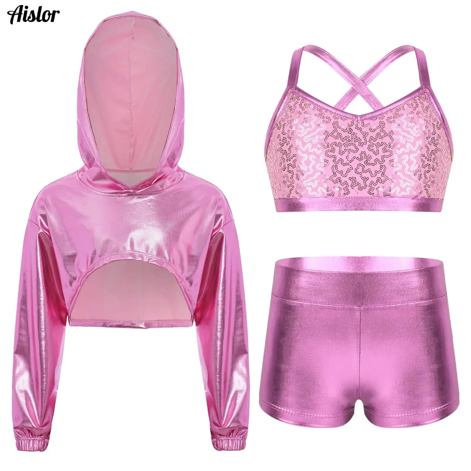 

Kids Girls Hip-Hop Jazz Dance Costume Long Sleeve Asymmetrical Hem Metallic Cropped Hoodie with Shiny Sequins Vest and Shorts