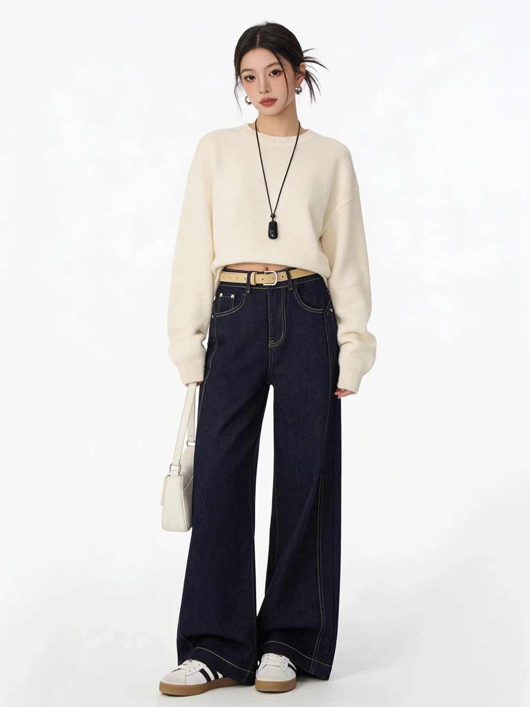 

Джинсы с широкими штанинами из мягкого денима, с высокой талией, свободного кроя, весенние, универсальные, укороченные, в корейском ретро-стиле, с высокой талией, свободные