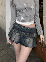 American Millennial Hot Girl Large Size Wash Heavy Work Double Belt Design Denim Pleated Skirt Women Fashion Design Skirt