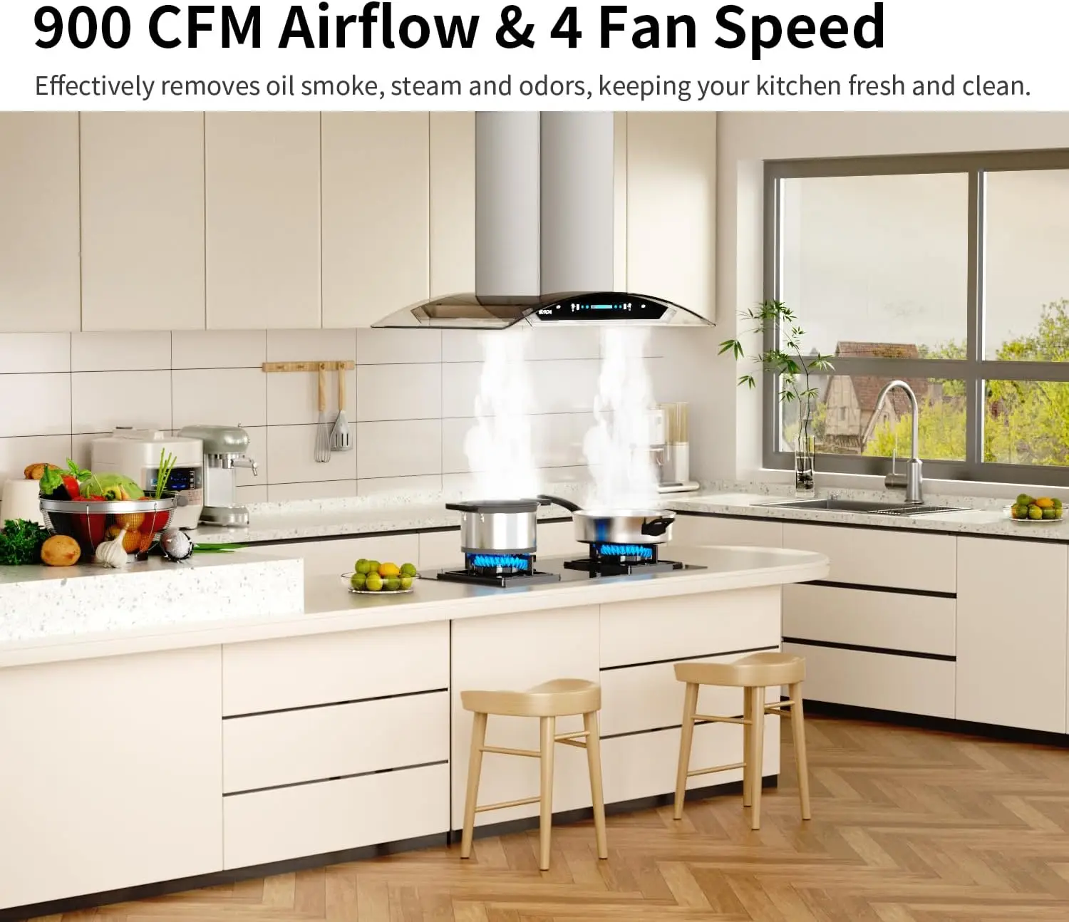 Range Hood,900 CFM Ducted Range Hood with 4 Speed Fan,Stainless Steel& Tempered Glass Range Hood 36 inch
