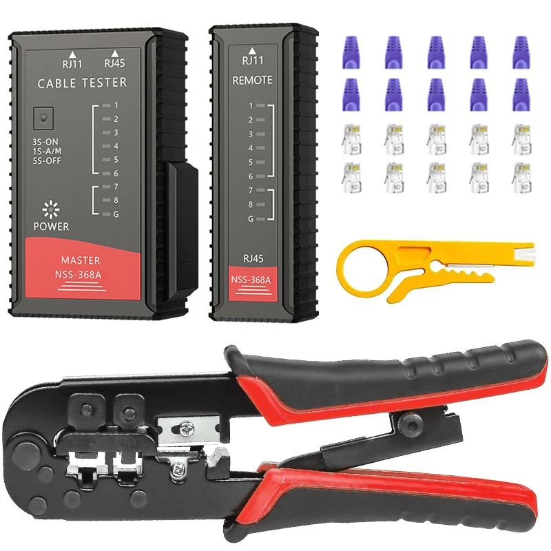 

RJ45 Cat6 Crimping Tool Kit with RJ11/12/45 8P6P Network LAN Crimper Connectors and Covers Network Cable Tester Wire Stripper