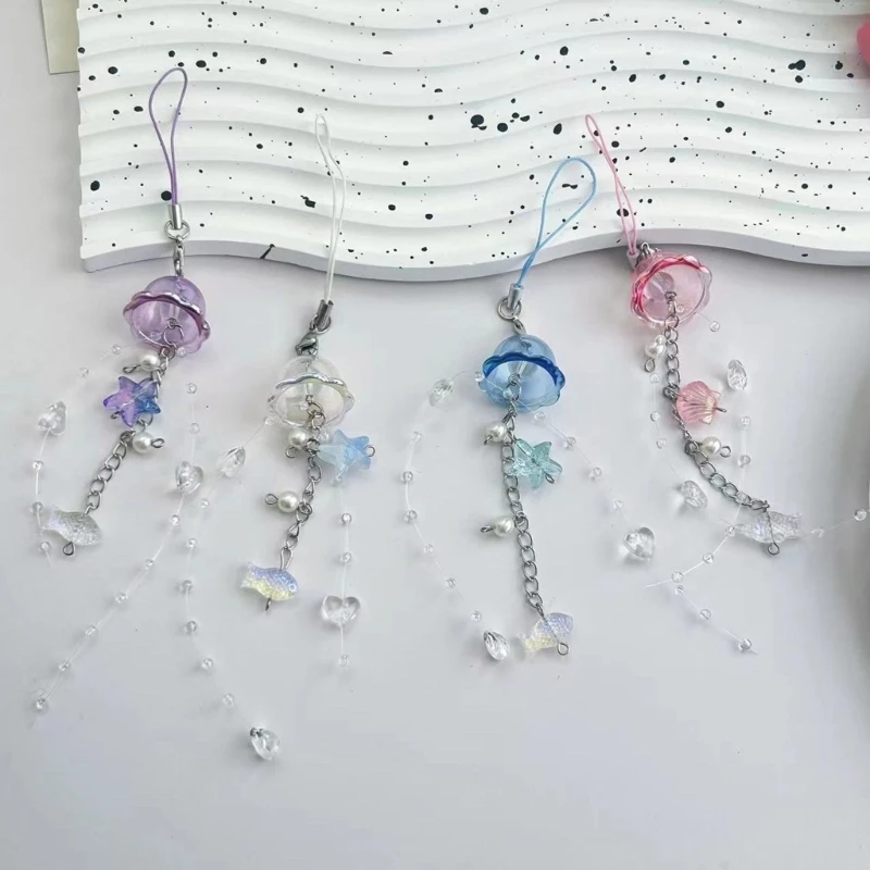 Elegant Jellyfish Inspired Phone Charm Portable Keychain with Crystal Star and Pearls Accents for Phone Accessorizing